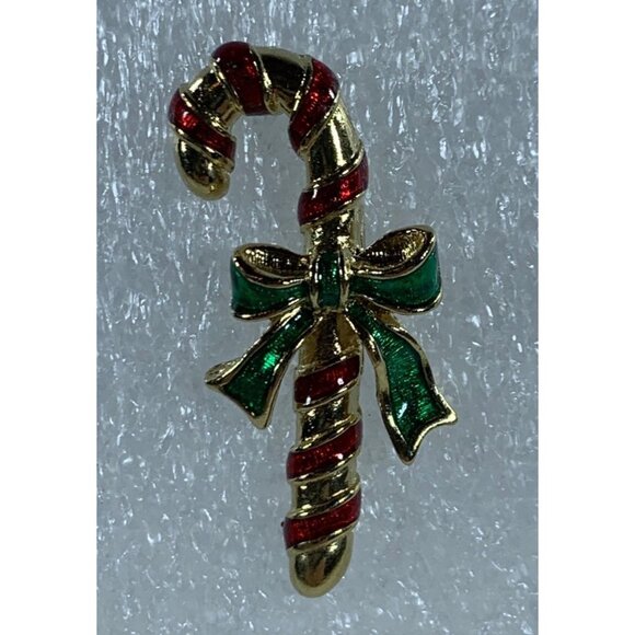 Vintage Avon Candy Cane Brooch 1.25" Signed Red Gold Tone Christmas Pin Bow - Picture 3 of 8